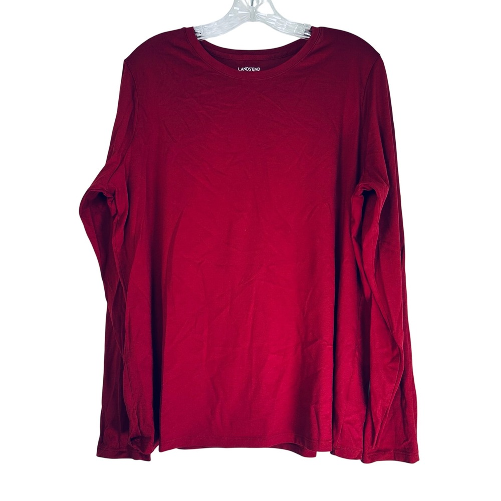 Lands End Red Supima Cotton Long Sleeve Relaxed Fit Crew Neck Tee Large 14-16